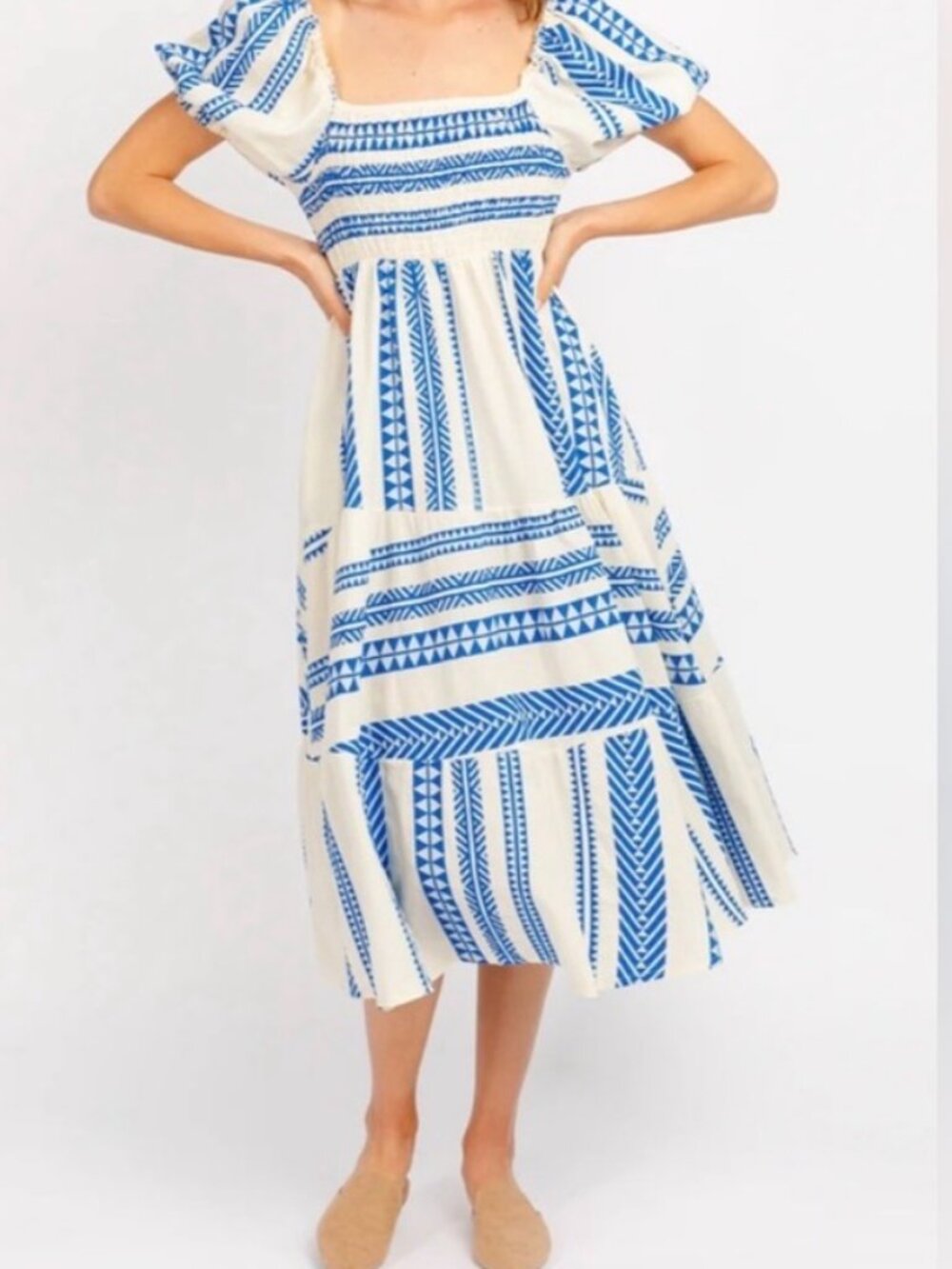 Sofia Cabo Smocked midi Dress w/Blue and White jacquard embroidery, S-M